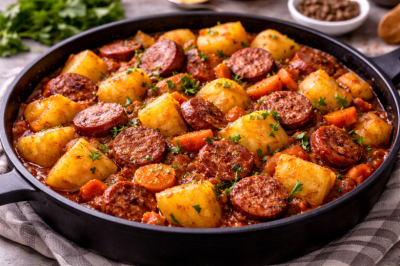 Тушёный картофель по-охотничьи с копчёными колбасками. Простой ужин, который пахнет так, что всех сразу манит на кухню