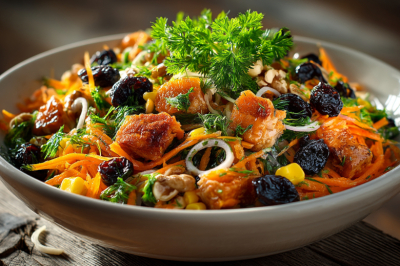 Салат &laquo;Смуглянка&raquo; для праздничного стола &mdash; простое сочетание курицы, чернослива и морковки